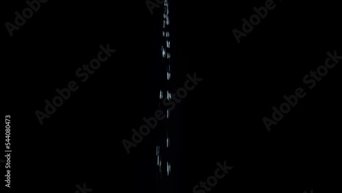 A thin jet of water from drops fall on a black background. Overlay template.