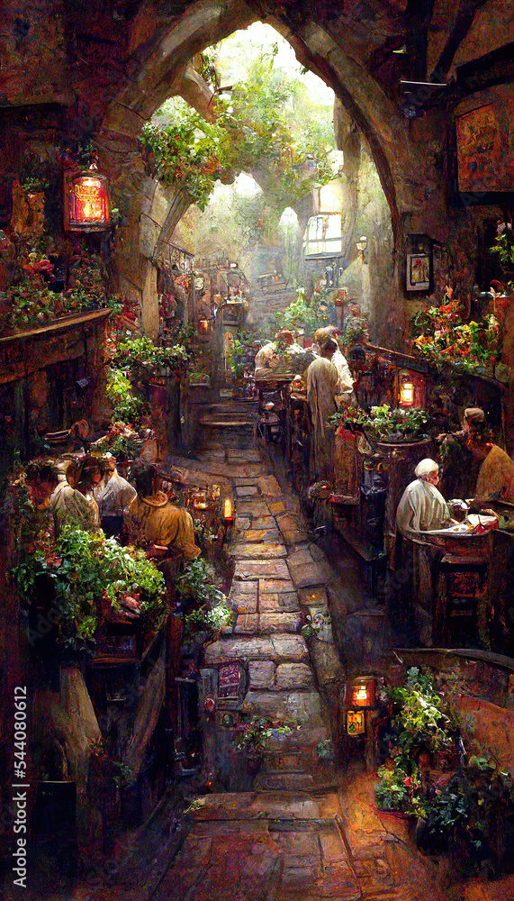 AI generated image of a fairy-tale tavern somewhere in Europe	
