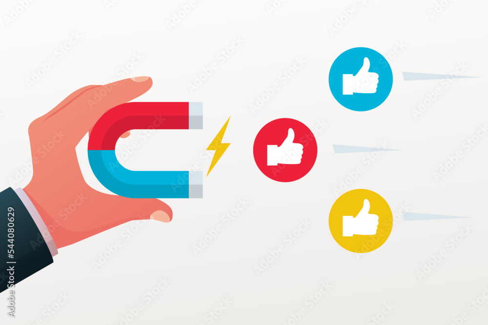 Attracting likes. Man holds a big magnet attract followers thumbs up. Social media marketing concept. Powerful of influencer. Vector illustration flat design. Isolated on white background. Attracting likes. Man holds a big magnet attract followers thumbs up. Social media marketing concept. Powerful of influencer. Vector illustration flat design. Isolated on white background.