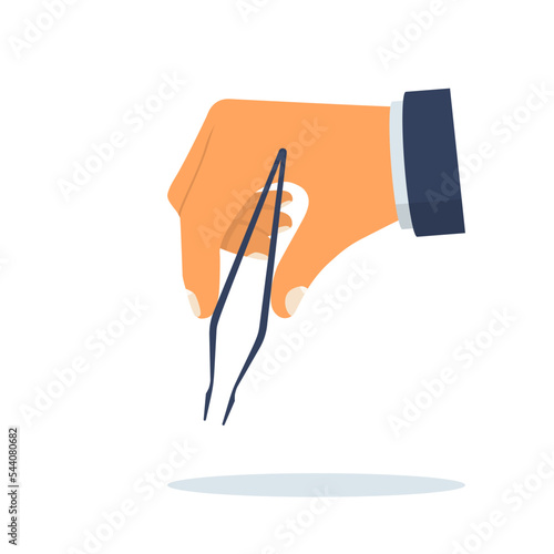 Man holding in hand tweezers. For any object. Vector illustration flat design. Isolated on white background.