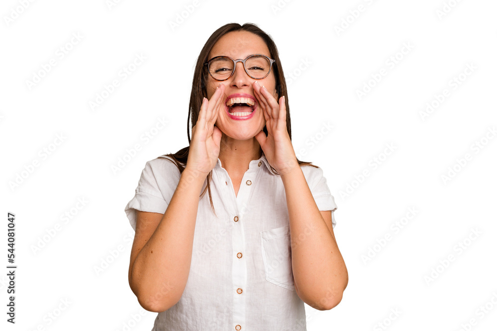 Young caucasian cute woman isolated saying a gossip, pointing to side reporting something. Young caucasian cute woman isolated saying a gossip, pointing to side reporting something.