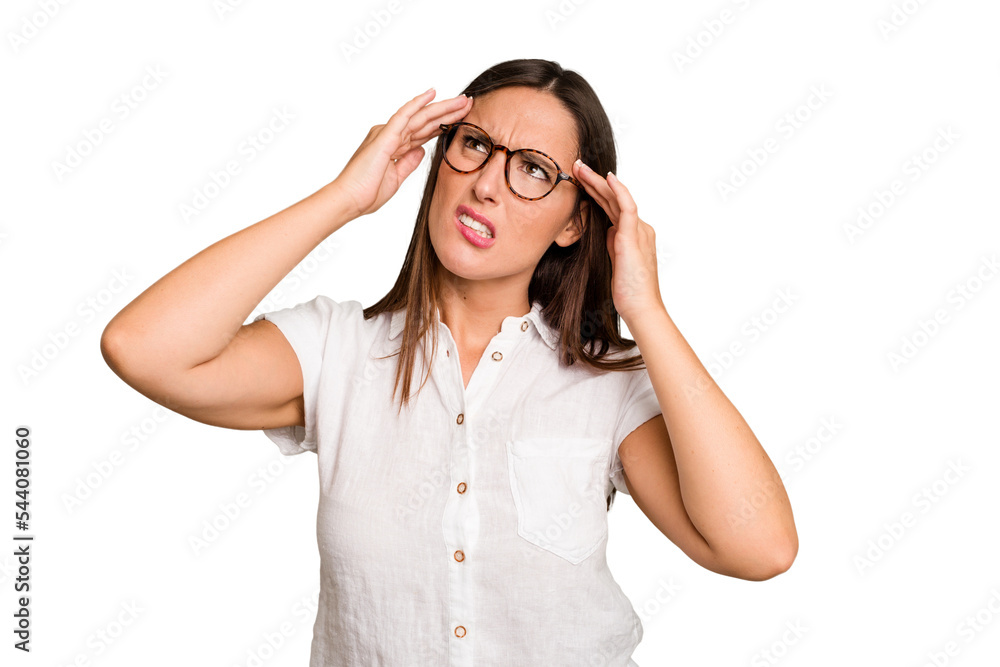 Young caucasian cute woman isolated touching temples and having headache.