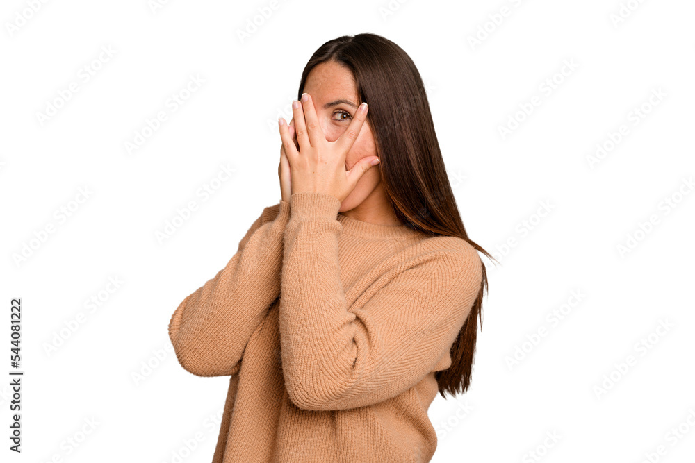Young caucasian cute woman isolated blink through fingers frightened and nervous. Young caucasian cute woman isolated blink through fingers frightened and nervous.