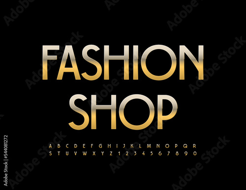 Vector elite sign Fashion Shop. Elegant golden Font. Modern Alphabet Letters and Numbers set
