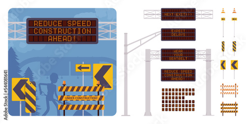 Information board, digital variable road sign construction kit. Changeable banner, electronic traffic dynamic message board, highway matrix display advising travelers. Vector flat style illustration