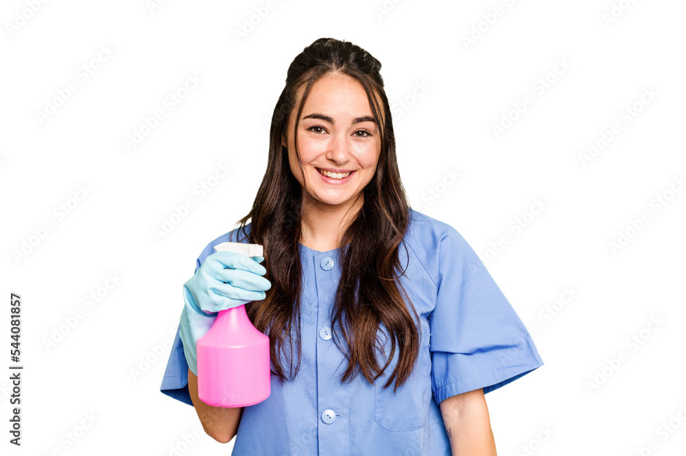 Young cleaner caucasian woman isolated on green chroma background happy, smiling and cheerful. Young cleaner caucasian woman isolated on green chroma background happy, smiling and cheerful.