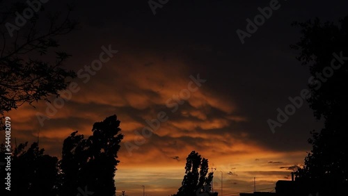 accelerated beautiful yellow sunset against the background of trees and houses