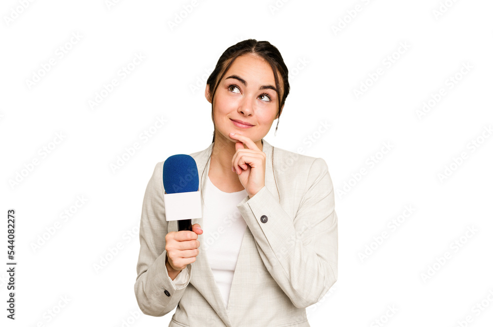 Young TV presenter caucasian woman isolated on green chroma background looking sideways with doubtful and skeptical expression. Young TV presenter caucasian woman isolated on green chroma background looking sideways with doubtful and skeptical expression.