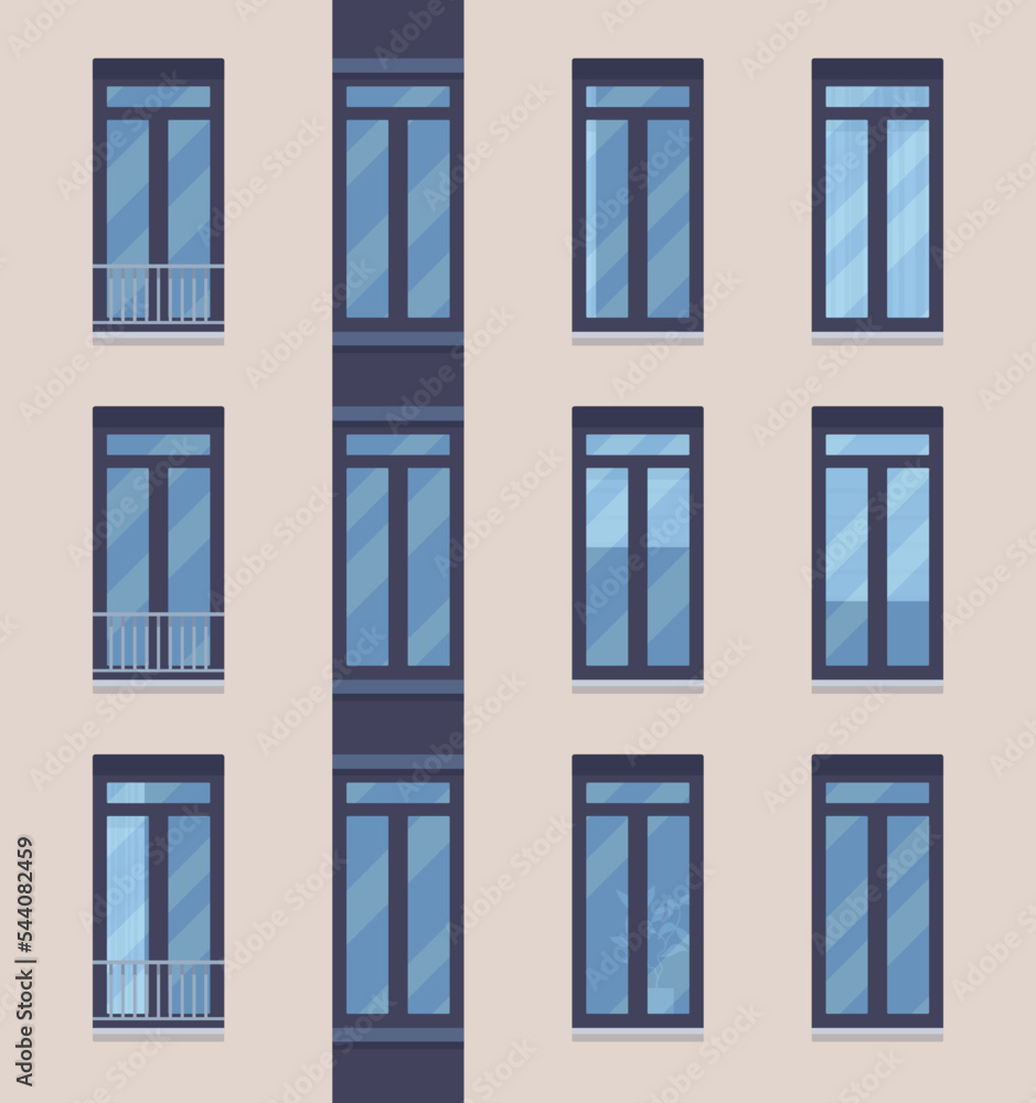 House facade of windows mirrored. Luxurious residential development, dream home, unique urban, suburban modern elegant design project for hospital, library, university building. Vector illustration