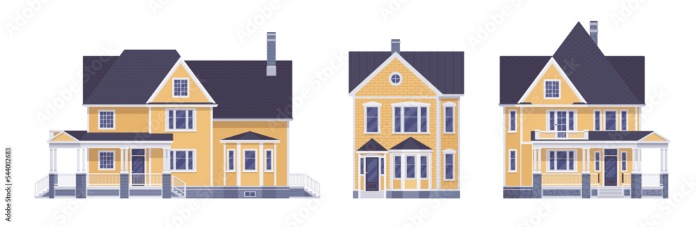 Beautiful yellow house cartoon set. Mansion erker element, housing industry, neighborhood residence, home hunting, new building purchase, renting, owning residence. Vector flat style illustration