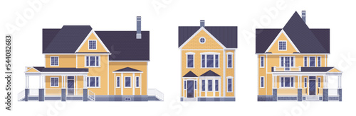 Beautiful yellow house cartoon set. Mansion erker element, housing industry, neighborhood residence, home hunting, new building purchase, renting, owning residence. Vector flat style illustration © andrew_rybalko