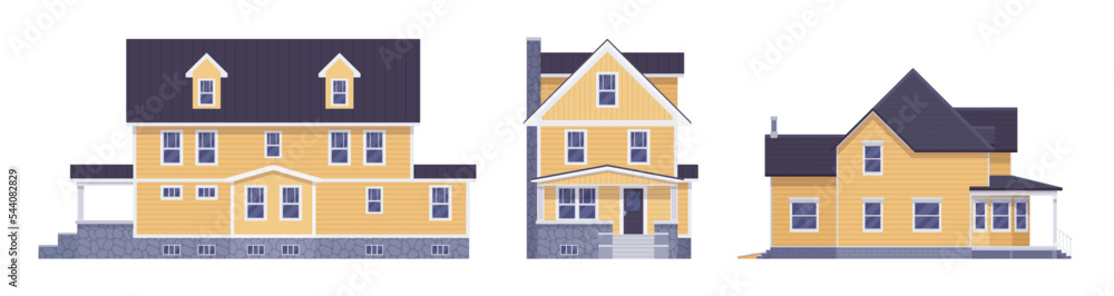 Light yellow facade house cartoon set. Expensive residence, luxurious new home, housing agency, real estate market, happy homeownership, smart financial investment. Vector flat style illustration
