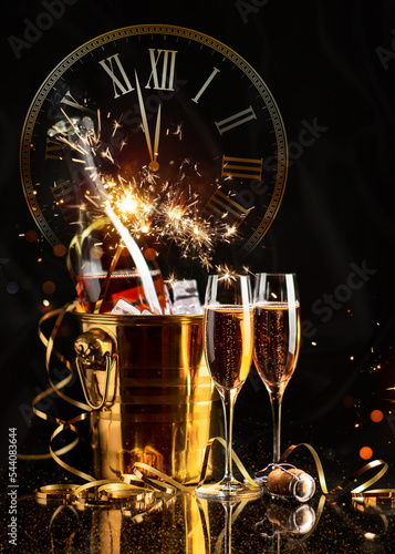 Obraz na płótnie Happy New Year! A golden bucket with champagne, two glasses and a golden serpentine against the background of a clock face. w salonie