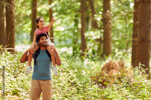 Father Carrying Daughter On Shoulders Hiking Or Walking Through Woodland Countryside