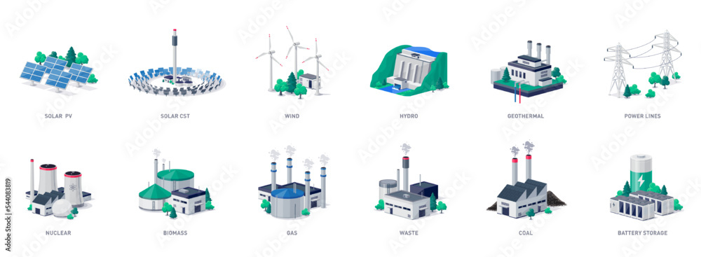 Isolated electricity generation source types. Energy mix solar, water, fossil, wind, nuclear, coal, gas, biomass, geothermal and battery storage. Renewable pollution power line plant station resources - obrazy, fototapety, plakaty 