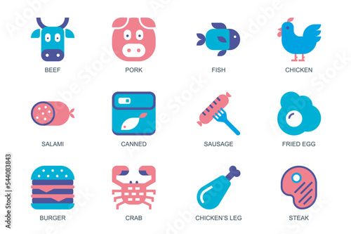 Meat, Fish and Poultry concept of web icons set in simple flat design. Pack of beef, pork, chicken, salami, canned food, sausage, fried egg, burger, crab and other. Vector pictograms for mobile app
