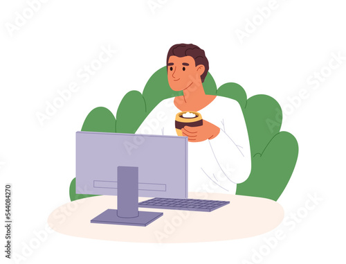 Man freelancer work at computer drinking coffee. Young programmer or web designer hold mug sit at pc