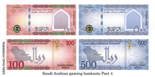 Gaming vector banknotes. In Persian, the inscriptions mean the Kingdom of Saudi Arabia on top, the pictogram from the flag on the bottom and the denomination of 100 and 500 riyals on the right. Part 4 photo