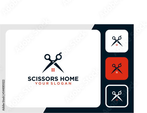 scissors logo design with home or barber shop