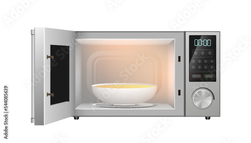 Realistic microwave with open door and plate inside. Domestic electronic household equipment