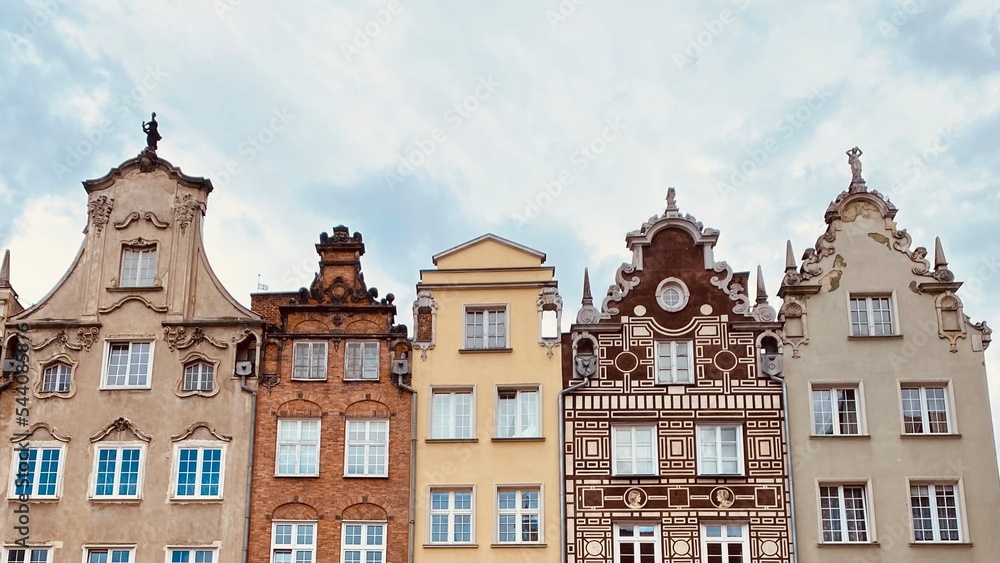 frontons of old houses is Gdansk, Poland