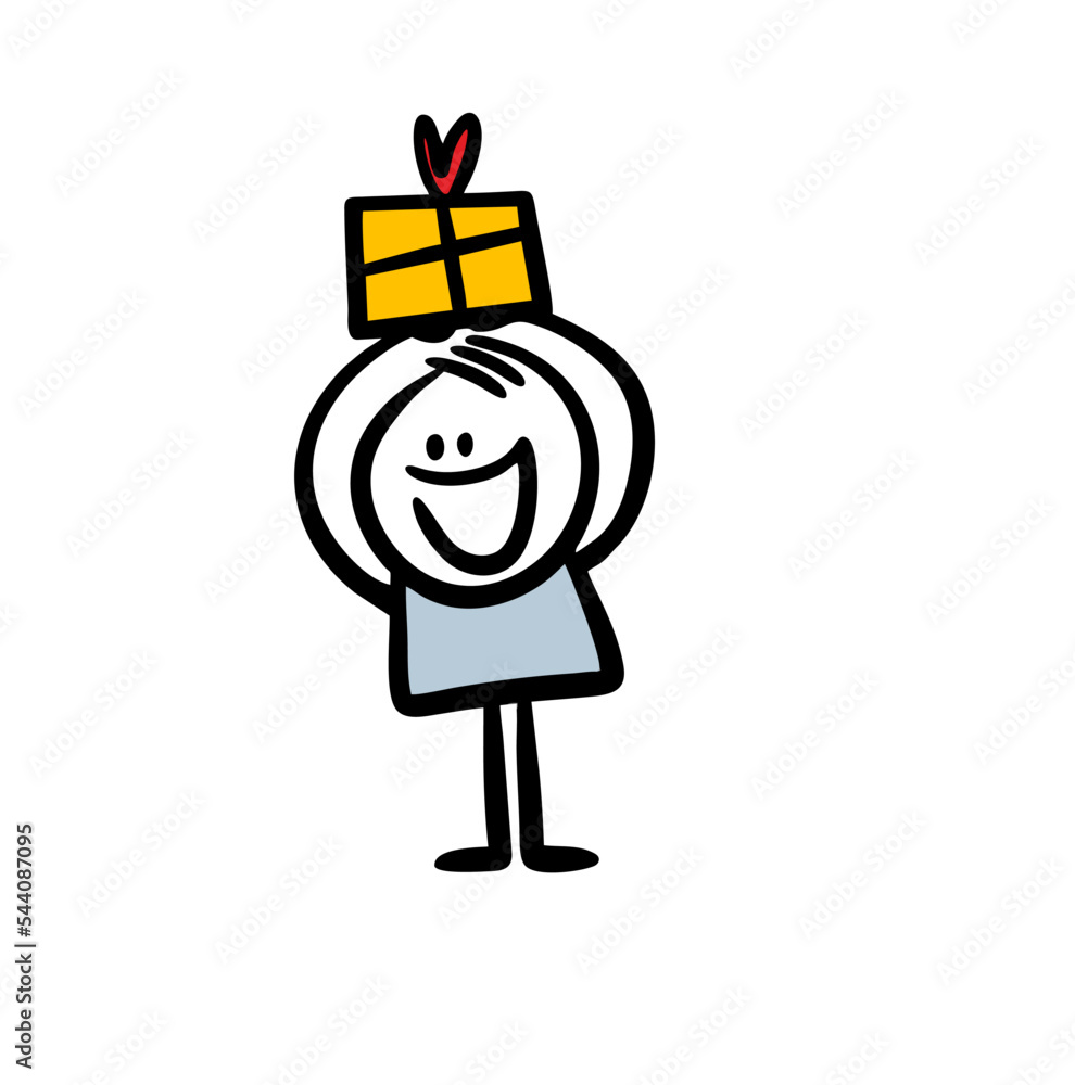 Happy smiling stickman with a gift box holding in rising up hands above his head. Happy smiling stickman with a gift box holding in rising up hands above his head.