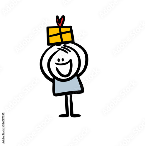 Happy smiling stickman with a gift box holding in rising up hands above his head.