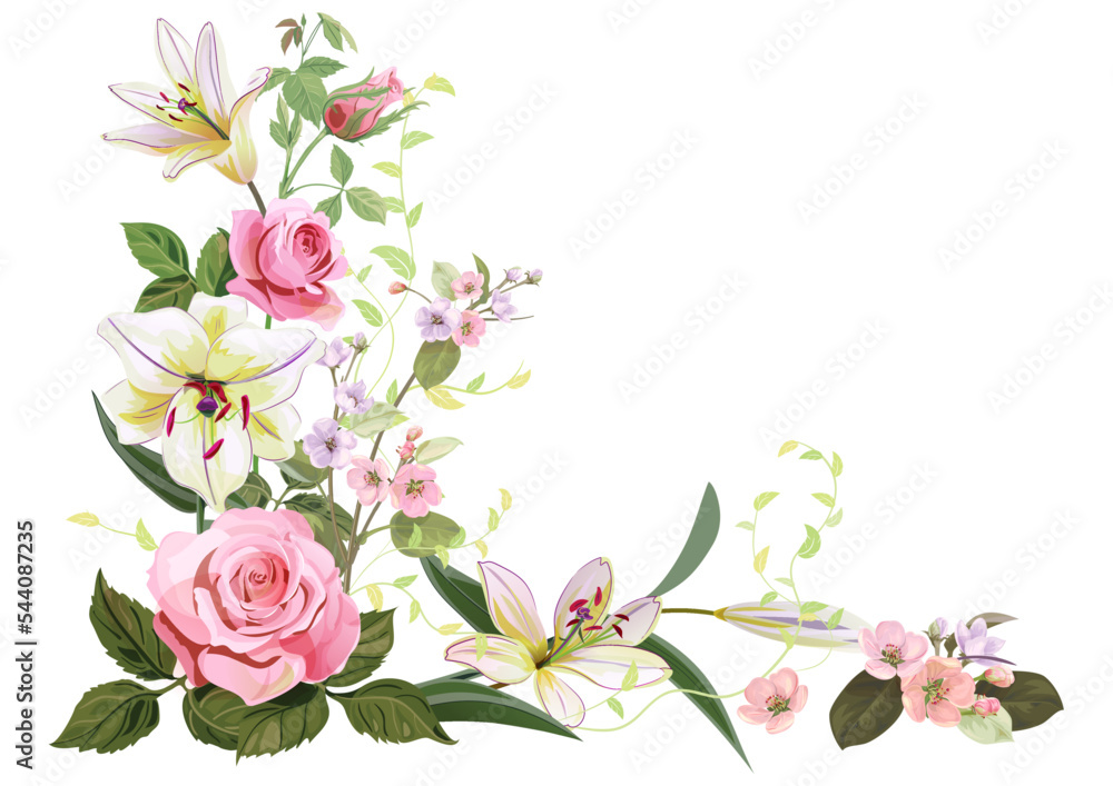 Angled frame with roses, lilies, spring blossom. Branches with mauve, pink apple tree flowers on white background. Gentle realistic illustration in watercolor style for wedding design. Vintage, vector