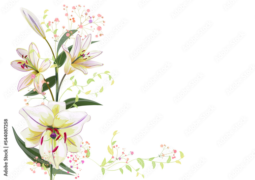 Angled frame with white lilies, spring blossom, branches with mauve, pink apple tree flowers, buds, green leaves on white background. Digital draw, illustration in watercolor style, vintage, vector