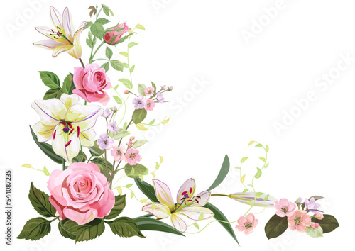 Angled frame with roses, lilies, spring blossom. Branches with mauve, pink apple tree flowers on white background. Gentle realistic illustration in watercolor style for wedding design. Vintage, vector