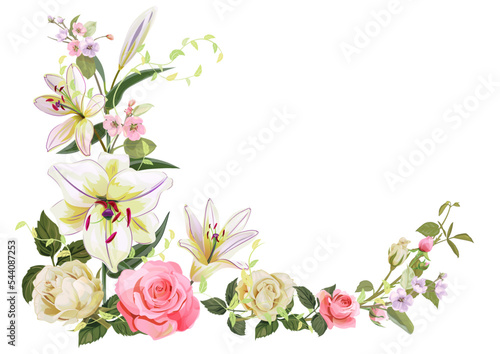 Angled frame with roses, lilies, spring blossom. Branches with mauve, pink apple tree flowers on white background. Gentle realistic illustration in watercolor style for wedding design. Vintage, vector