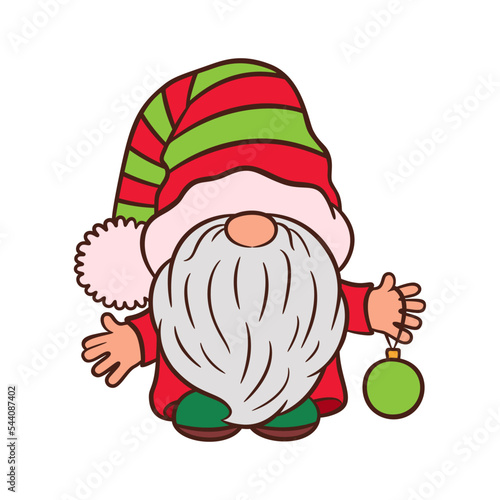 Cute gnome holding Christmas ornament ball. Cartoon Scandinavian elf Tomte character illustration. Little gnomie doodle. Traditional red green Xmas colors. Fun nordic dwarf outline drawing.