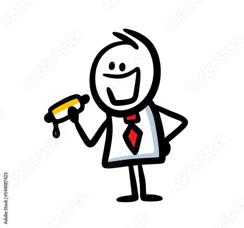 Smiling office employee eating hot dog on dinner.