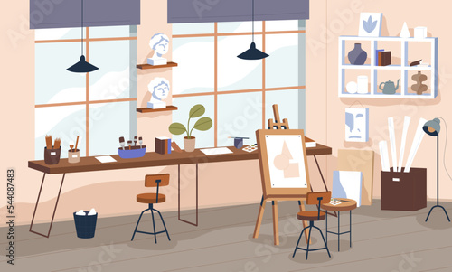 Art class, atelier interior. Empty artist workshop with furniture, equipment, supplies in creative studio, drawing school. Painting classroom with easel, tools, accessories. Flat vector illustration