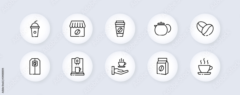 Cafe set icon. Coffee, latte, cappuccino, americano, mug, tea, tea bag, herb, coffee beans. Coffe house concept. Glassmorphism style. Vector line icon for Business and Advertising Cafe set icon. Coffee, latte, cappuccino, americano, mug, tea, tea bag, herb, coffee beans. Coffe house concept. Glassmorphism style. Vector line icon for Business and Advertising