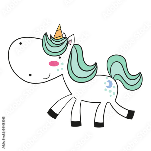Illustration of a unicorn with a green mane and a moon on its haunch
