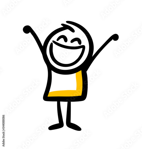 Very happy child with big smile and rising up hands.