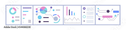Graphs, charts with abstract business data. Financial and marketing information analysis with graphics, bar, line and pie diagrams, schemes. Flat vector illustration isolated on white background