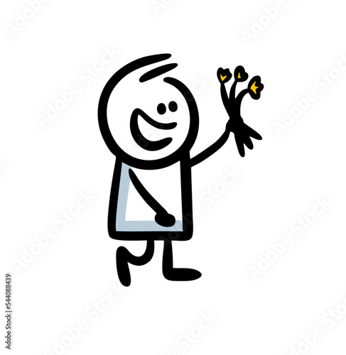 Cute little boy Han drawn in doodle style holding a bouquet of flowers in hand.