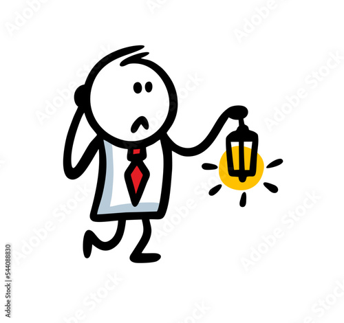 Doodle frightened stickman in office costume holding a lamp and going with upset face.