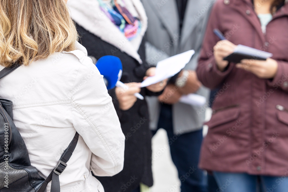 Naklejka premium News reporter holding microphone, journalist taking notes during media interview or press conference