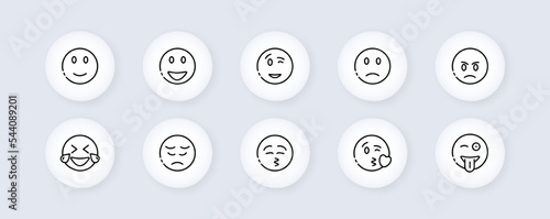 Emoticon set icon. Sadness, crying, love, laughter, surprise, tongue, anger, consternation, startle, distempered emotion, feeling, emoji. Mood concept. Vector line icon for Business and Advertising