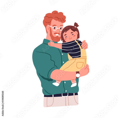 Happy father hugging, holding in hands little daughter. Girl child embracing dad. Cute smiling nice kid and joyful daddy parent portrait. Flat vector illustration isolated on white background