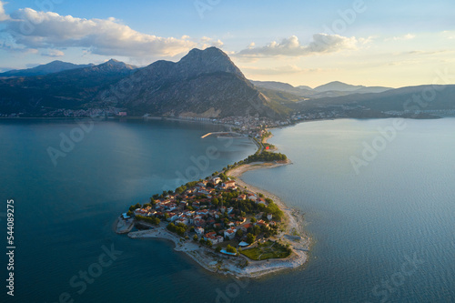 Aerial view of Egirdir town in Turkey. A small turkish town in the middle of the giant lake under the mountains.