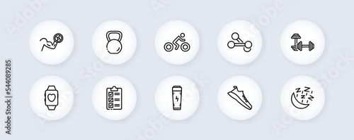 Tense hand set icon. Physical exercise, muscles, biceps, sports, rocking chair, gym, fitness classes, trainer, strength. Health lifestyle concept. Vector line icon for Business and Advertising