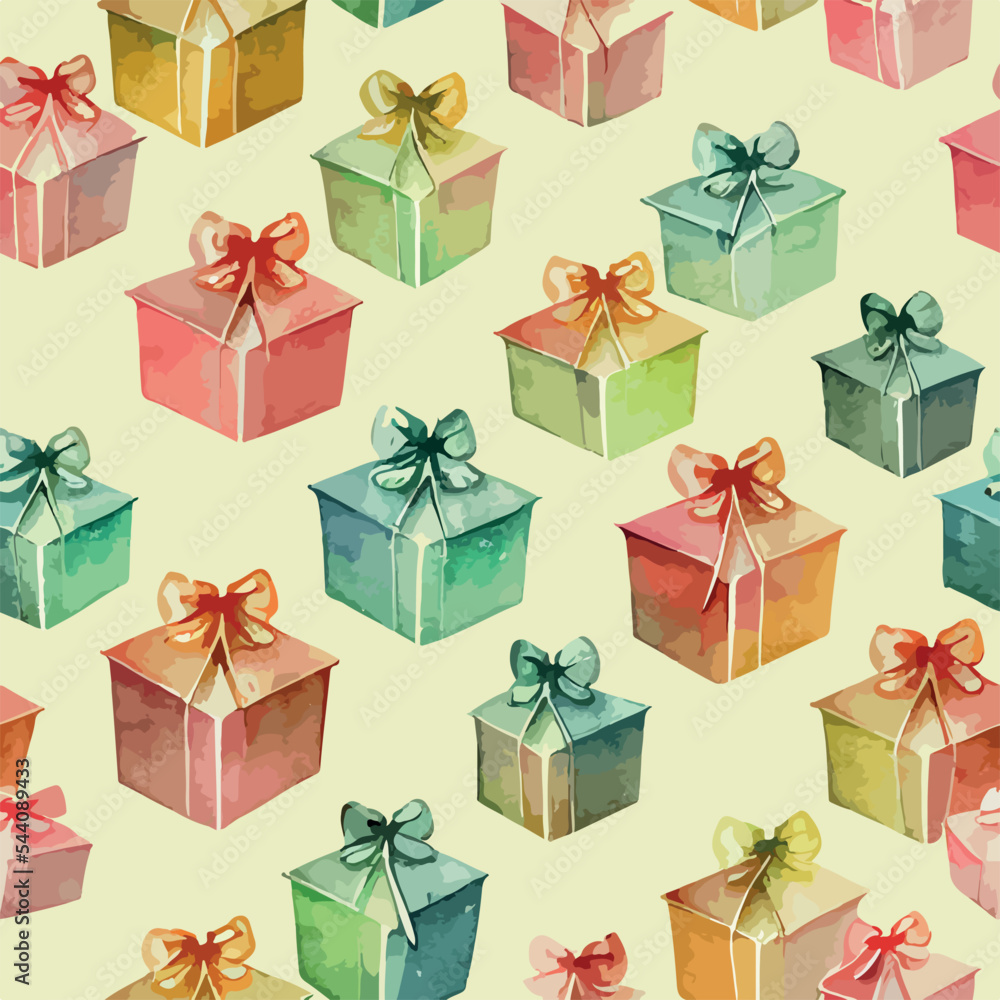 Fototapeta premium Seamless pattern christmas present, watercolor xmas gift background pattern. Winter holidays