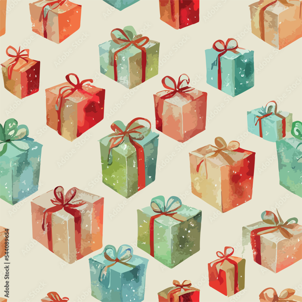 Fototapeta premium Seamless pattern christmas present, watercolor xmas gift endless pattern. New-year holidays
