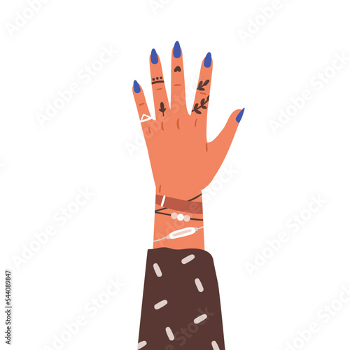 Female hand raised up, wearing finger ring, bracelets on wrist. Women arm with manicure, modern jewellery, accessories, tattoo. Flat vector illustration isolated on white background