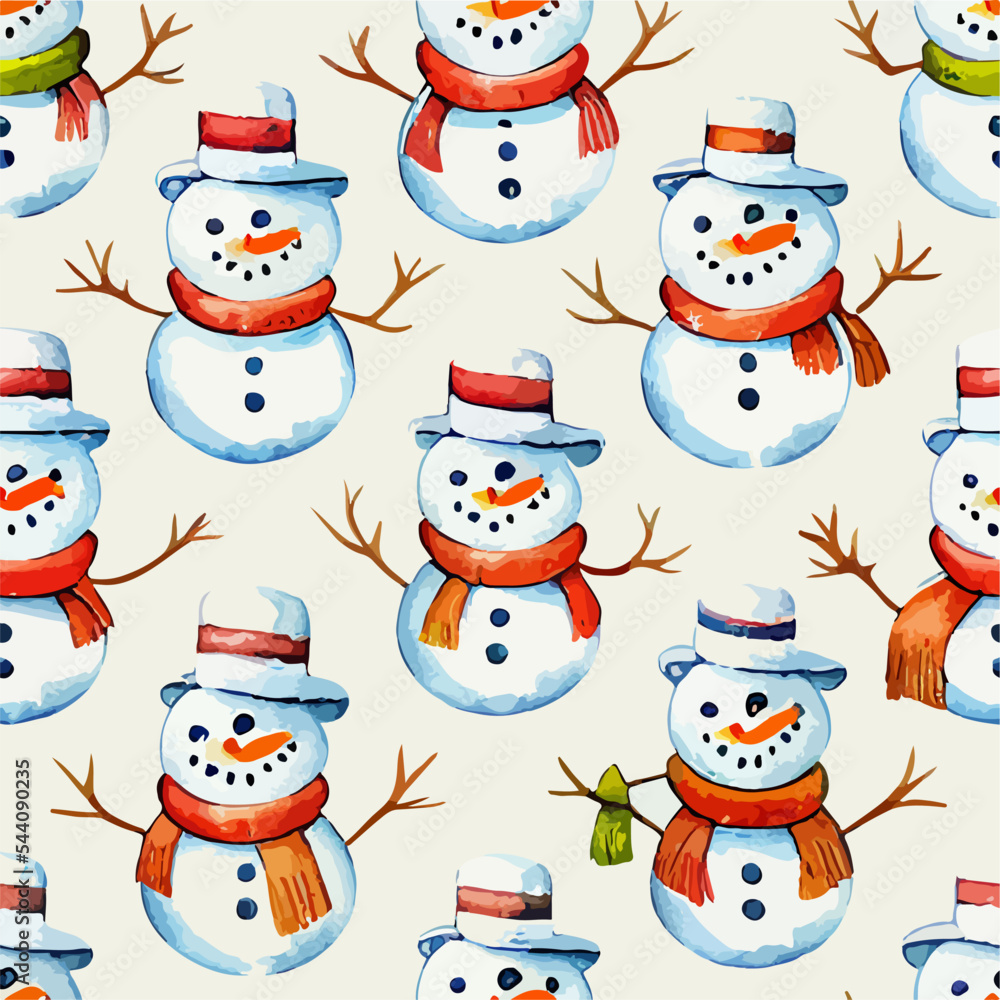 Seamless christmas snowman decoration, watercolor snowmans endless pattern. New-year holidays