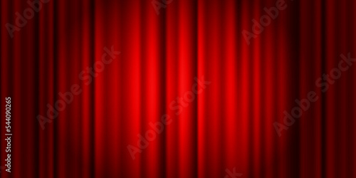 Stage curtains with spotlight beam. Realistic closed curtains in theater or cinema with stage light. Red fabric drapes background. Vector illustration.